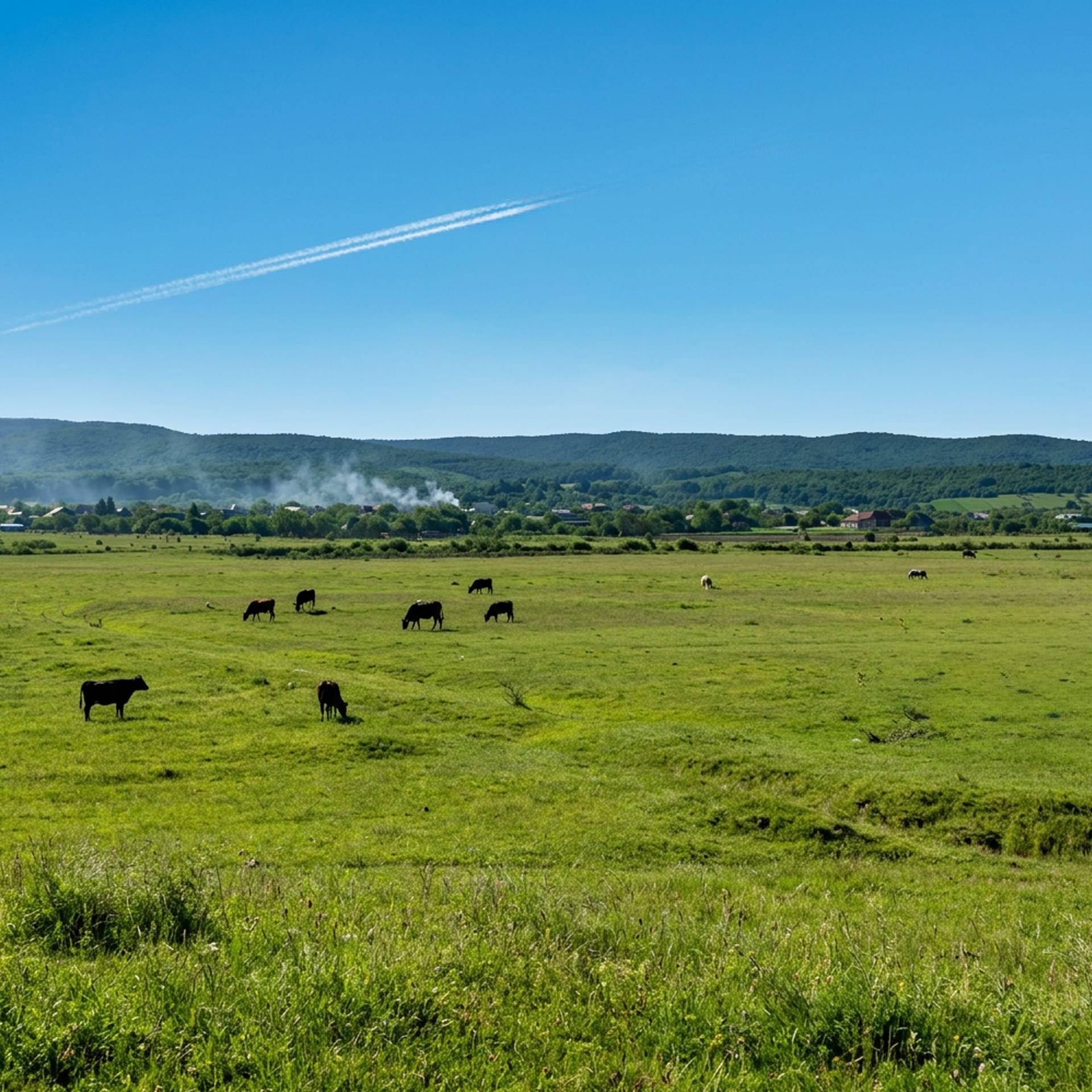 ფაქტობრივი ფოტო: ღია ველი ძროხებით, ფონზე - წეროვნის სოფელი და მთები