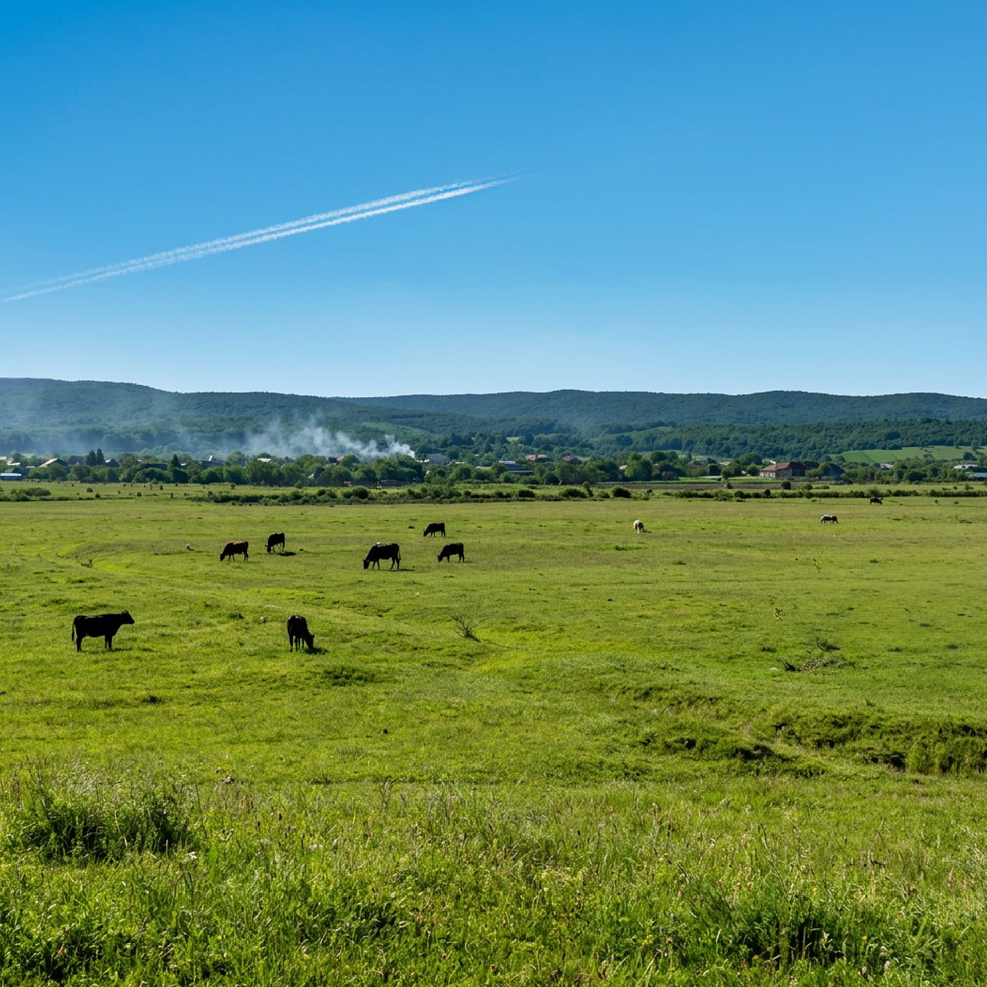 ფაქტობრივი ფოტო: ღია ველი ძროხებით, ფონზე - წეროვნის სოფელი და მთები