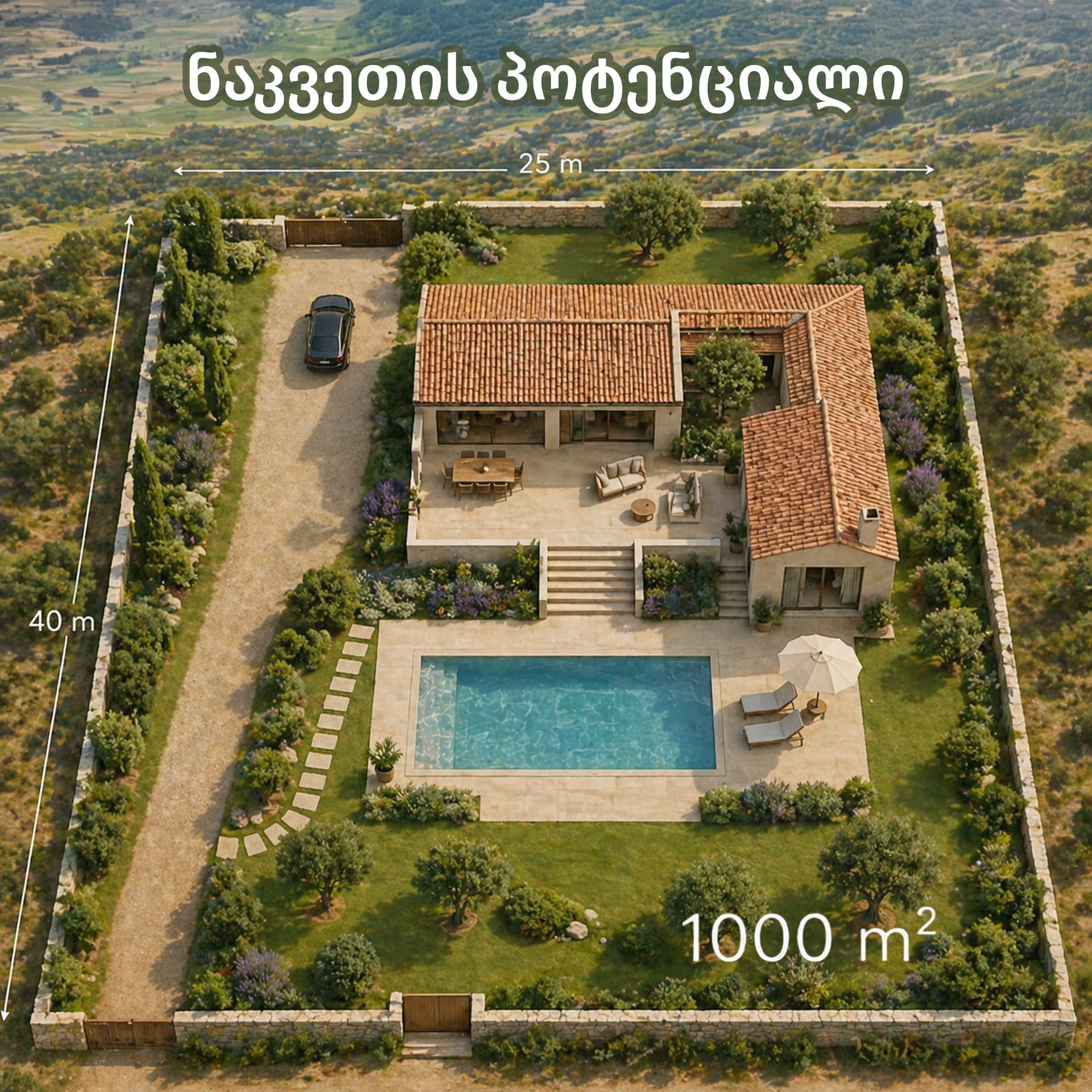 სამშენებლო პოტენციალის ვიზუალიზაცია: ხმელთაშუა ზღვის სტილის ვილა აუზით - 25×40 მ ნაკვეთი, 1000 კვ.მ (3D რენდერი, საილუსტრაციო)